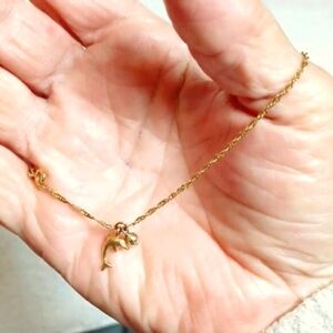 14KT GOLD New 10 Long   Twist ‎ Ankle Bracelet Dolphin Bonus Charm  1.4Grams